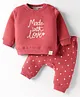 Ollypop Fleece Knit Full Sleeves Winter Wear T-Shirt & Diaper Leggings Set With Heart Print - Red