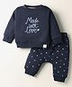 Ollypop Fleece Knit Full Sleeves Winter Wear T-Shirt & Diaper Leggings Set With Heart Print - Navy Blue