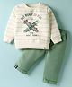 Ollypop Looper Knit Full Sleeves T-Shirt & Lounge Pant Set With Skateboard Print - Cream & Olive Green