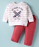 Ollypop Looper Knit Full Sleeves T-Shirt & Lounge Pant Set With Skateboard Print - White & Red