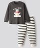 Bonfino 100% Cotton Knit Full Sleeves Night Suit with Stripes & Happy Bear Print - Grey
