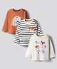 Bonfino 100% Cotton Full Sleeve T-Shirts With Bear & Fox & Stripes Print Pack Of 3 - White & Rust Orange