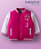 Babyoye Woven Full Sleeves Bomber Jacket with Butterfly Print - Dark Pink & White