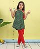 Kinder Kids Cotton Woven Sleeveless Floral Printed Kurti & Pant Set - Green & Red