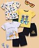 blushh berry Cotton Knit Pack Of 3 Half Sleeves Sunglasses & Cat Printed Tees With Shorts Set - White Yellow & Grey