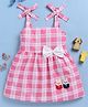 blushh berry Cotton Blend Knit Sleeveless Checked Bow Applique Detailed & Bunnies Crochet Designed Dress - Pink