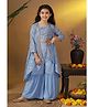 Fashion Dream Georgette Knit Floral Swirls Embroidered Sequins Embellished Crop Top & Palazzo With Three Fourth Sleeves Shrug Set - Sky Blue