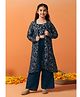 Fashion Dream Georgette Knit Floral Swirls Embroidered Sequins Embellished Crop Top & Palazzo With Full Sleeves Shrug Set - Rama