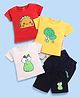 blushh berry Cotton Knit Pack Of 3 Half Sleeves Brocolli & Pear Printed Tees & Coordinating Shorts Set - Red Yellow & Cream