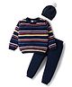 Babyhug Cotton Knitted Full Sleeves Striped Sweater Set With Cap - Navy Blue