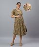 Mamma's Maternity Cotton Woven Half Sleeves Geometric Printed Maternity Night Dress With Side Zipper Nursing Access - Mustard Yellow