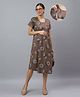 Mamma's Maternity Cotton Woven Half Sleeves Geometric Printed Maternity Night Dress With Side Zipper Nursing Access - Brown