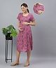 Mamma's Maternity Cotton Woven Half Sleeves Floral Printed Maternity Night Dress With Concealed Zipper Nursing Access - Pink