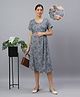 Mamma's Maternity Cotton Woven Half Sleeves Floral Printed Maternity Nighty With Side Concealed Zipper Nursing Access - Grey