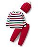 Babyhug Cotton Knit Full Raglan Sleeves Striped Sweater Set with Cap - Red