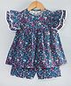 Hugsntugs Cotton Woven Frill Sleeves Floral Printed Lace Detailed Coordinating Top & Shorts Set - Navy Blue