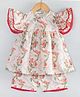 Hugsntugs Cotton Woven Frill Sleeves Floral Printed Lace Detailed Coordinating Top & Shorts Set - Ecru & Coral