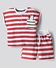 Bonfino 100% Cotton Knit Half Sleeves Striped Henley T-Shirt & Shorts Set with Penguin Print - Red & White