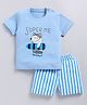 CUTOPIES Cotton Knit Half Sleeves Super Me Text Printed Tee & Striped Shorts Set - Blue