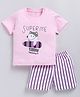 CUTOPIES Cotton Knit Half Sleeves Super Me Text Printed Tee & Striped Shorts Set - Pink