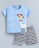CUTOPIES Cotton Knit Half Sleeves Duck Printed Tee & Striped Shorts Set - Blue