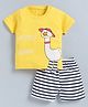 CUTOPIES Cotton Knit Half Sleeves Duck Printed Tee & Striped Shorts Set - Yellow