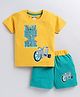 CUTOPIES Cotton Knit Half Sleeves Motorcycle Printed Coordinating Tee & Shorts Set - Mustard