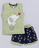 CUTOPIES Cotton Knit Sleeveless Baby Elephant Printed Coordinating Tee & Shorts Set - Olive Green
