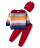 Babyhug Cotton Knit Full Sleeves Sweater Set with Cap  & Stripes - Red