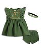 Tiber Taber 100% Cotton Woven Sleeveless Floral Embroidered Dress With Bloomer & Headband Set - Green