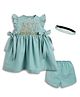 Tiber Taber 100% Cotton Woven Frill Sleeves Floral Embroidered Dress With Bloomer & Headband Set - Blue