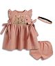 Tiber Taber 100% Cotton Woven Frill Sleeves Floral Embroidered Dress With Bloomer & Headband Set - Pink