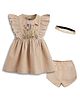 Tiber Taber 100% Cotton Woven Frill Sleeves Floral Embroidered Dress With Bloomer & Headband Set - Beige