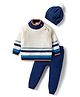 Babyhug Cotton Knitted Full Raglan Sleeves Solid Sweater Set With Cap - Navy Blue & White