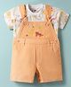 ToffyHouse Corduroy Woven Half Sleeves T-Shirt & Dungaree with Animal Embroidery and Print - Orange & White