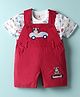 ToffyHouse Corduroy Woven Half Sleeves T-Shirt & Dungaree with Teddy Embroidery & Vehicle Print - Red & White