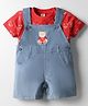 ToffyHouse Corduroy Woven Half Sleeves T-Shirt & Dungaree with Animal Embroidery and Print - Red & Blue