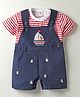 ToffyHouse Corduroy Woven Dungaree & Half Sleeves Striped Inner Tee With Boat Embroidery - Navy Blue