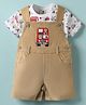 ToffyHouse Corduroy Woven Half Sleeves T-Shirt & Dungaree with Vehicle Embroidery and Print - White & Beige