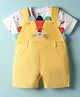 ToffyHouse Corduroy Woven Half Sleeves T-Shirt & Dungaree with Animal Applique - White & Yellow