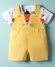 ToffyHouse Corduroy Woven Half Sleeves T-Shirt & Dungaree with Animal Applique - White & Yellow