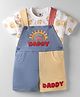 ToffyHouse Corduroy Woven Half Sleeves T-Shirt & Dungaree with Daddy Text Embroidery & Smiley Print - Blue Yellow & White