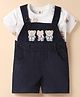 ToffyHouse Corduroy Woven Half Sleeves T-Shirt & Dungaree with Animal Embroidery & Print - Navy Blue & White