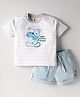 ToffyHouse Single Jersey Knit Half Sleeves Striped T-Shirt & Shorts Set with Bear Patch Detailing - Light Blue