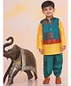 KID1 Silk Woven Full Sleeves Kurta Dhoti With Peacock Foil Printed Jacket Set - Green & Yellow
