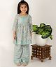 The Mom Store Cotton Knit Three Fourth Sleeves Floral Printed Gota Lace Embellished Anarkali Style Kurta Pant Set - Grey