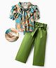 OLLINGTON ST. Rayon Floral Printed Half Sleeves Woven Top & Twill Pant Set with Belt - Multicolor & Green