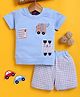 Jb Club Cotton Knit Half Sleeves Dog Designed Car Patch Detailed Tee & Checked Shorts Set - Blue