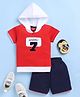 Jb Club Cotton Knit Half Sleeves Sports 7 Text Patch Embroidered Hooded Tee & Shorts Set - Red