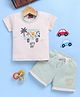 Jb Club Cotton Knit Half Sleeves Animals Patch Detailed & Printed Tee With Shorts Set - Beige